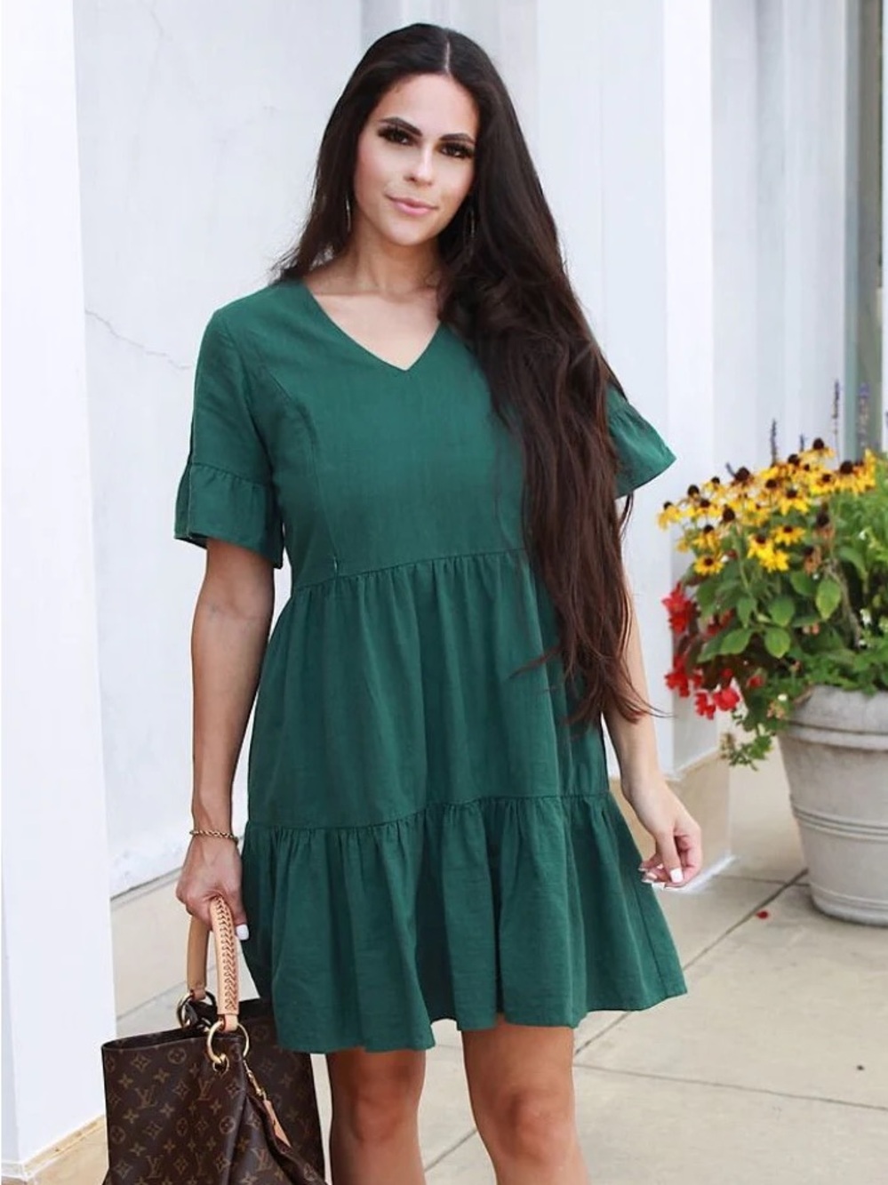 Nursing Queen Dark Green V-Neck Tiered Nursing Dress